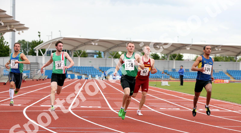 158 Andrew Robertson (Sale) wins the senior 100 metres, Northern Championships, Sport City, Manchester